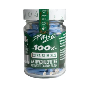100 PURIZE XTRA Slim Size im Glas Aktivkohlefilter Blau